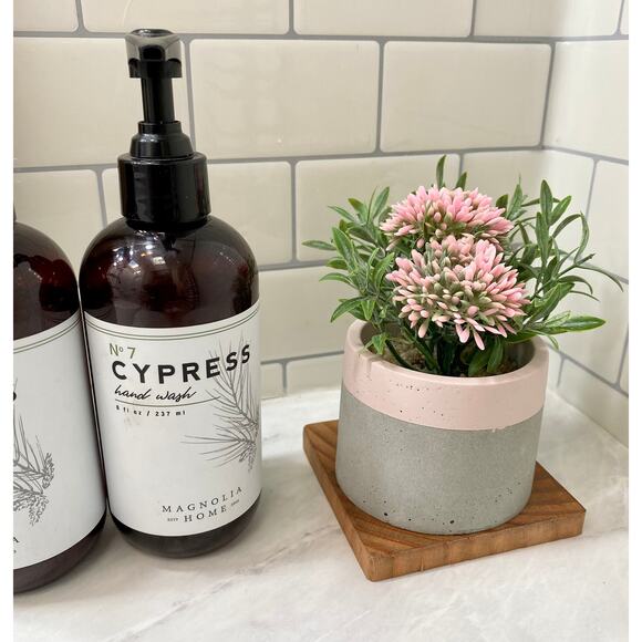 Set of 3 Artificial Pink Allium Flowers in Handmade Concrete Pot with Wood Tray - Picture 4 of 9